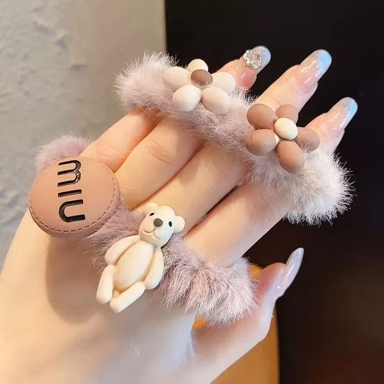 Cute Flower Cloth Label Pleated Hair Scrunchie Candy Color Rubber Band Hair Tie